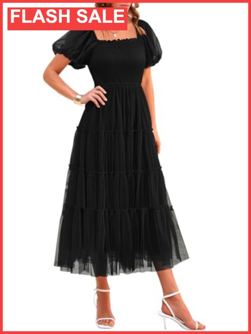 Women's Smocked Midi Tulle Dress Short Sleeve Fit & Flare